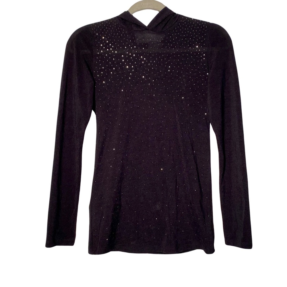 Vocal Rhinestone Studded Lightweight Hoodie Top Black Small Y2K